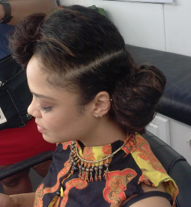 Tessa Thompson Double Bun BTS